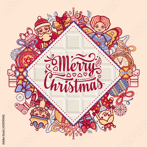 Christmas. Greeting postcard. Colorful vector illustrations for decor