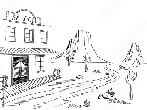 Wild west graphic black white prairie landscape sketch illustration vector