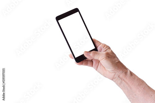 older person, hand holding smart phone with blank white screen, isolated