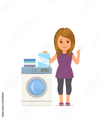 Isolated vector cartoon woman housewife washes clothes in the washing machine. Advertising washing powder. Modern girl busy household chores. Concept design illustration housework in flat style.