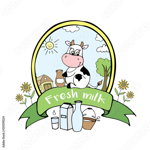 Positive, happy cow with milk, funny cartoon banner or logo.