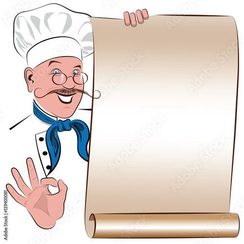 Blank menu with the image of a smiling chef