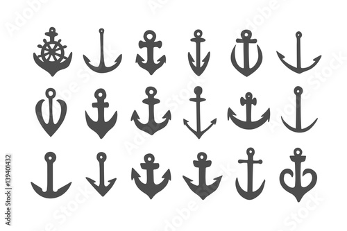 Hand drawn simple anchors set. Vector. Doodle black anchors. Hand drawn illustration