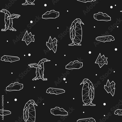 Seamless black and white kids tribal vector pattern with penguins and ice floes.