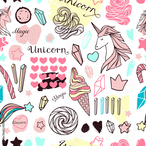 Seamless pattern with unicorns, crystals and sweets. Hand drawn magic objects.
