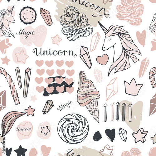 Seamless pattern with unicorns, crystals and sweets set on a white background. Hand drawn magic objects.