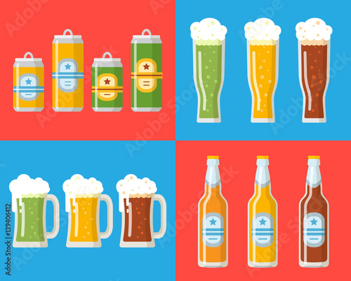 Beer set. A beer bottle, beer can, mug, glass.