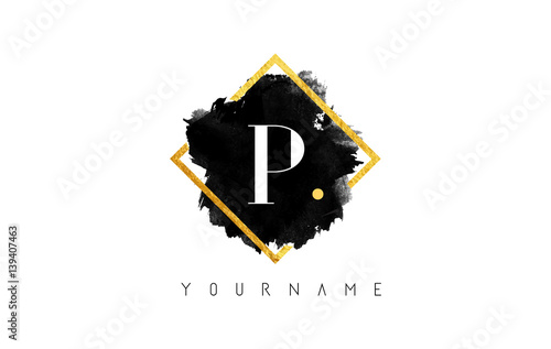 P Letter Logo Design with Black Stroke and Golden Frame.