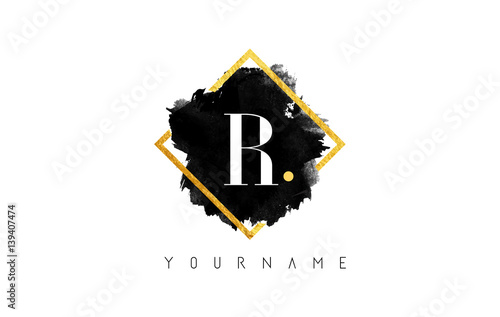 R Letter Logo Design with Black Stroke and Golden Frame.