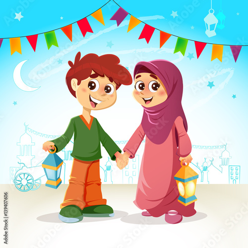 Young Boy and Girl Celebrating Ramadan