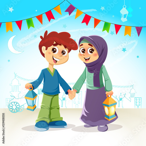 Muslim Boy and Girl Celebrating Ramadan