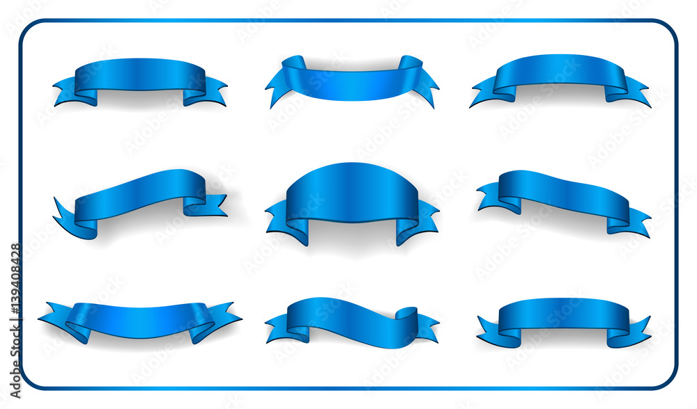 Blue Ribbons Set. Satin Blank Banners Collection. Design Label Scroll  Blanks Element, Isolated On White Background. Empty Template For Greeting  Or Advertising. Symbols Decoration. Vector Illustration. Royalty Free SVG,  Cliparts, Vectors, and