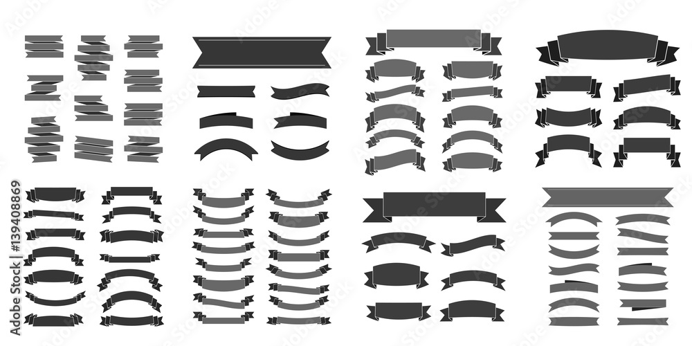 Black ribbon banners set. Beautiful blank decoration graphic. Old vintage style Flat design. Premium decorative elements isolated white background. Template collection labels Vector illustration
