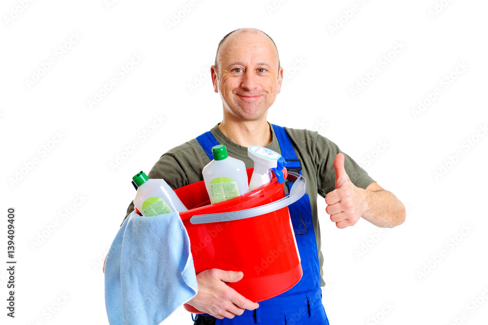 young male professional cleanerwith thumb up young male professional cleanerwith thumb up