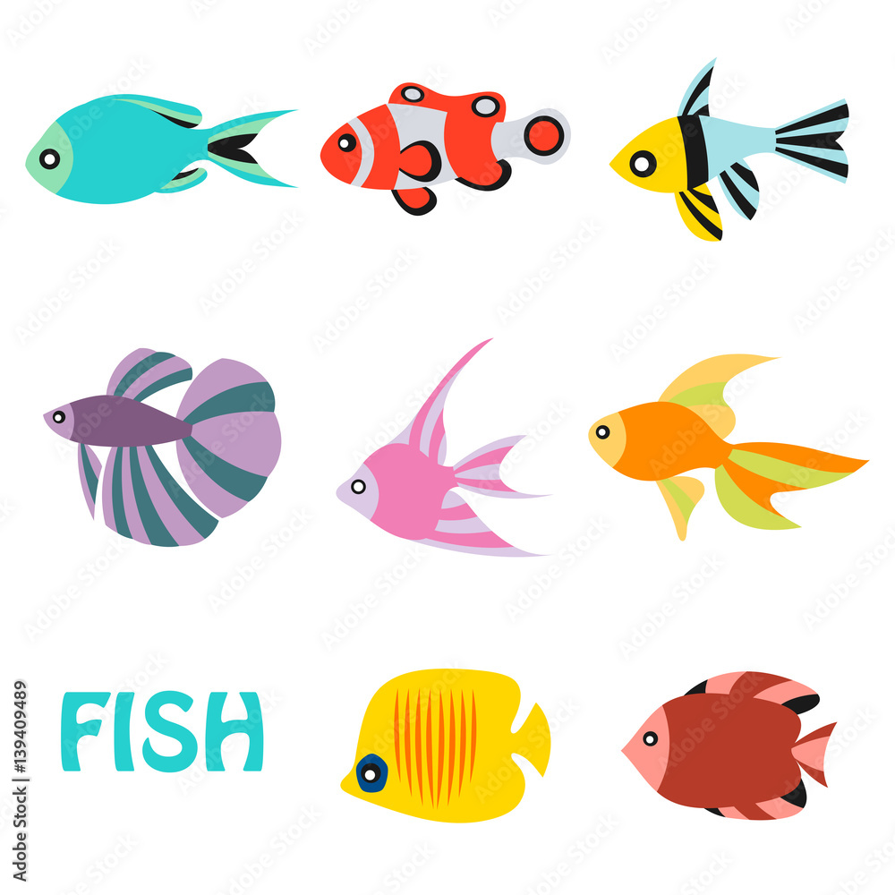 Fototapeta premium Stylized aquarium ornamental river and sea fish