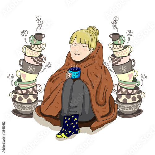 Cute girl wrapped in blanket with stacked tea cups, VECTOR illustration.