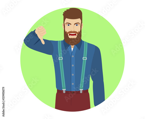 Hipster showing thumb down gesture as rejection symbol