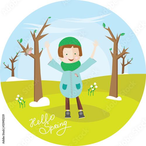 The girl in overcoat, costs in the spring park and enjoys raising his hands up. Cute illustration in circle. Hello spring. For banner, stickers, design.