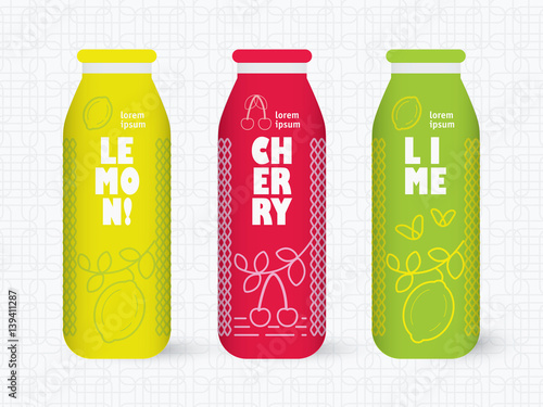Bottle of juice, sugar water, tea or cocktail with drawing lemon, lime and cherry. Retro texture on the background. Concept design for juice or cocktail.
