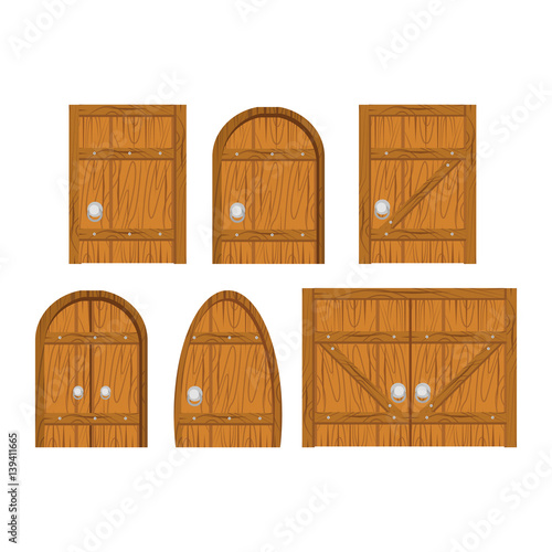 Wooden door set. Closed door, made of wooden planks, with iron hinges. Door isolated on white background