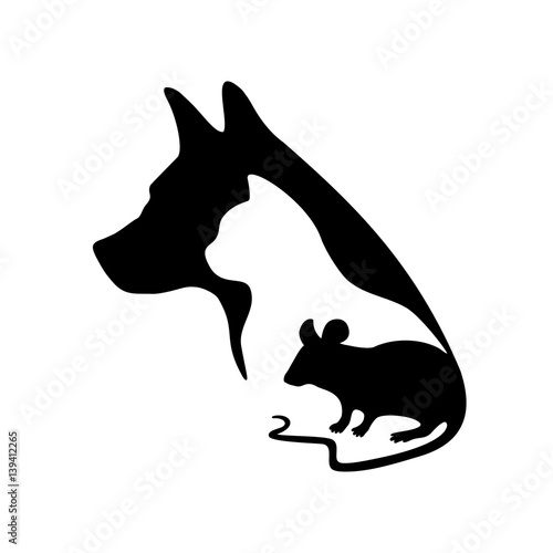 Black logo for veterinary clinic and pet shop. Vector dog, cat and mouse silhouette on a white background.