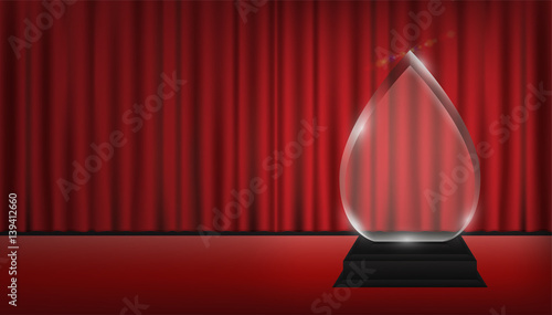 real 3d transparent acrylic trophy with red curtain stage background
