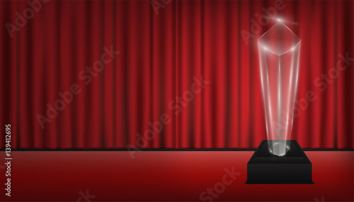 real 3d transparent acrylic trophy with red curtain stage background
