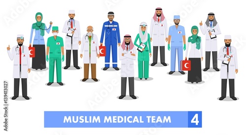 Medical concept. Detailed illustration of muslim arabian doctor and nurses in flat style isolated on white background. Practitioner arabic doctors man and woman standing. Vector illustration.