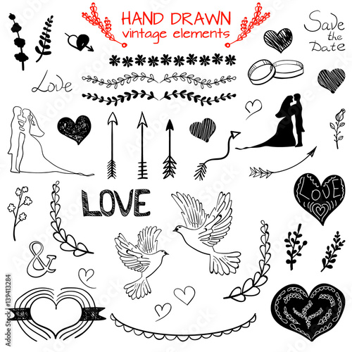 Set of VECTOR hand drawn vintage elements, black drawings photo