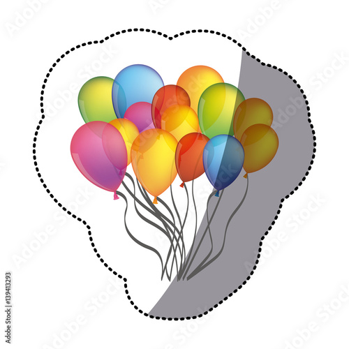 sticker shading colorful bunch birthday balloons decorative design vector illustration