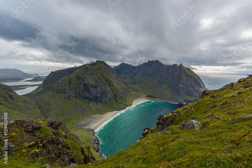 Kvalvika beach Lofoten islands from above photo