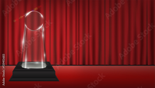 real 3d transparent acrylic trophy with red curtain stage background
