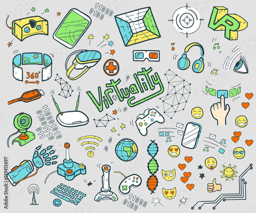 Doodle vector collection of virtual reality and innovative techn