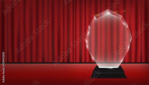 real 3d transparent acrylic trophy with red curtain stage background
