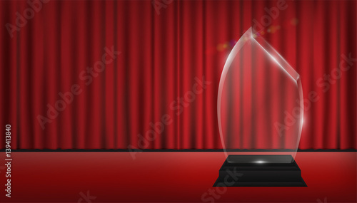 real 3d transparent acrylic trophy with red curtain stage background
