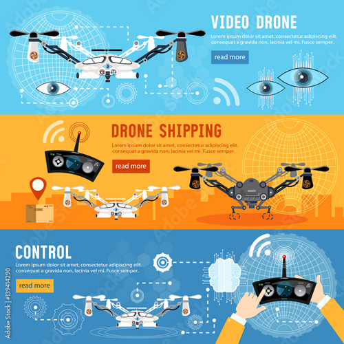 Drone for delivery, shadowing and entertainments modern technologies. Drone flat banner, modern drone and remote control