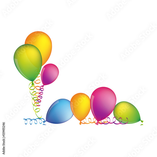 multicolored set flying balloons with serpentine on the floor vector illustration