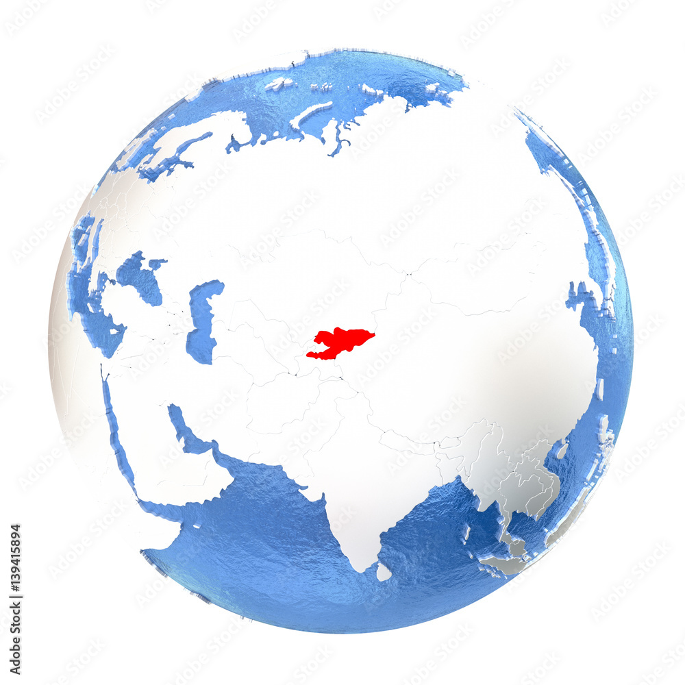 Kyrgyzstan on globe isolated on white