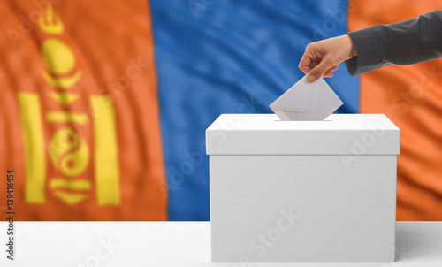 Voter on a Mongolia flag background. 3d illustration