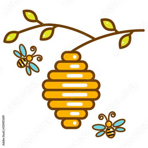Cute vespiary hanging on branch with bees line isolated vector icon.