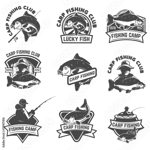 Set of carp fishing labels isolated on white background. Design elements for logo, label, emblem, sign. Vector illustration. photo