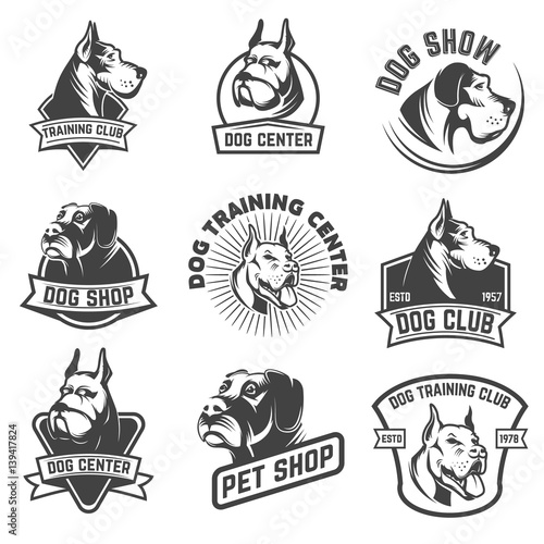Dog shop, dog training center emblem templates isolated on white background. Design elements for logo, label, sign. Vector illustration