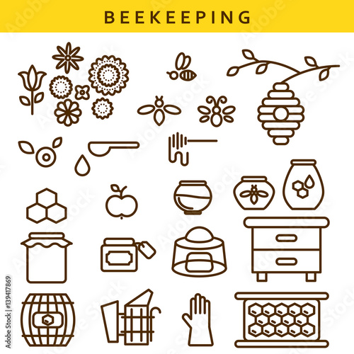 Beekeeping vector line icon set. Outline apiary isolated objects.