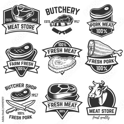 Set of meat store labels. Butchery. Design elements for logo, label, emblem, sign, brand mark. Vector illustration.
