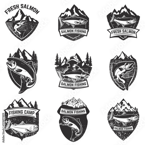 Set of grunge badges with salmon fish. Design elements for logo, label, emblem, poster, t-shirt. Vector illustration.