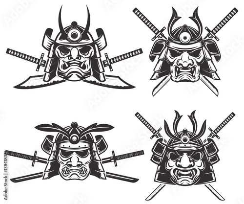 Set of the samurai mask with crossed swords isolated on white background. Design elements for logo, label, emblem, sign, brand mark. Vector illustration.