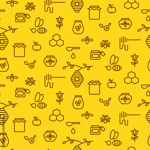 Honey outline yellow icon seamless vector pattern. Line style monochrome beekeeping background.