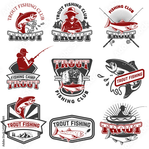 Set of trout fishing emblems isolated on white background. Design elements for logo, label, emblem, poster, t-shirt. Vector illustration.