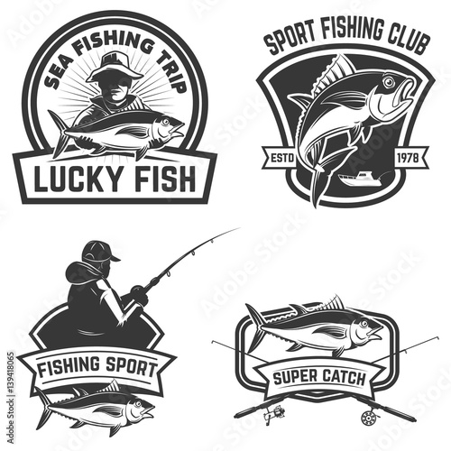 Set of the tuna fishing labels. Design elements for logo, emblem, sign. Vector illustration.