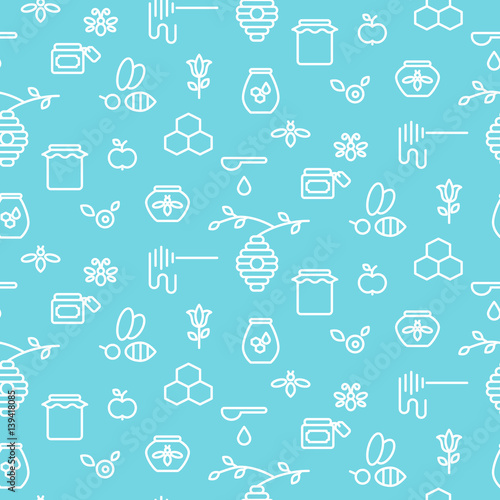 Apiary blue outline icon seamless vector pattern. Line style monochrome beekeeping background.